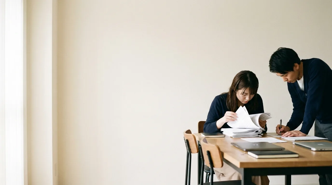 打ち合わせの席で記事の一覧に目を通している様子