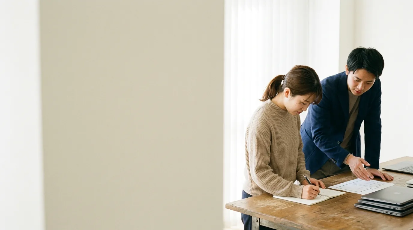 記事の構成を相談しながらノートに書き留めている様子