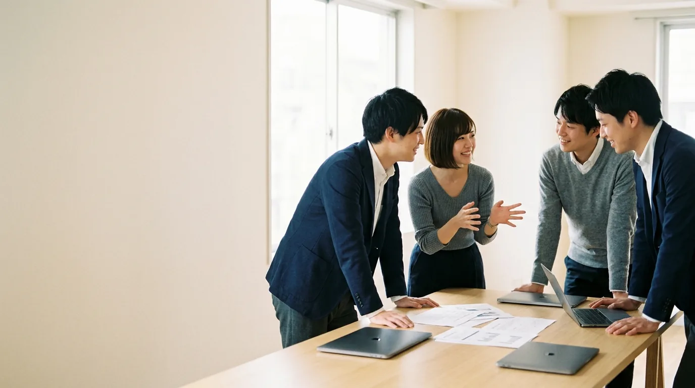 明るいオフィスで資料を囲み、意見を交わすマーケティングチーム