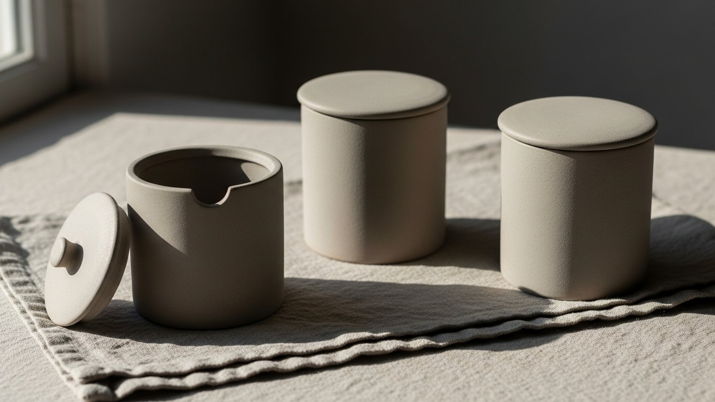 同じ形の蓋つきの容器が3つ並び、1つだけ蓋がずれている